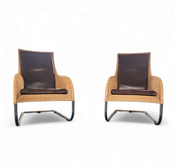 2 x Chaise longue lourde en rotin / cuir marron années 1990 Très bon état