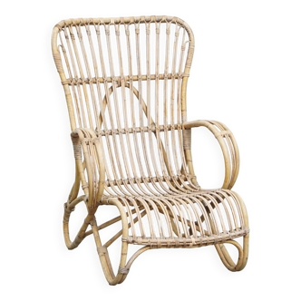 Fauteuil en rotin des années 1950 avec dossier haut