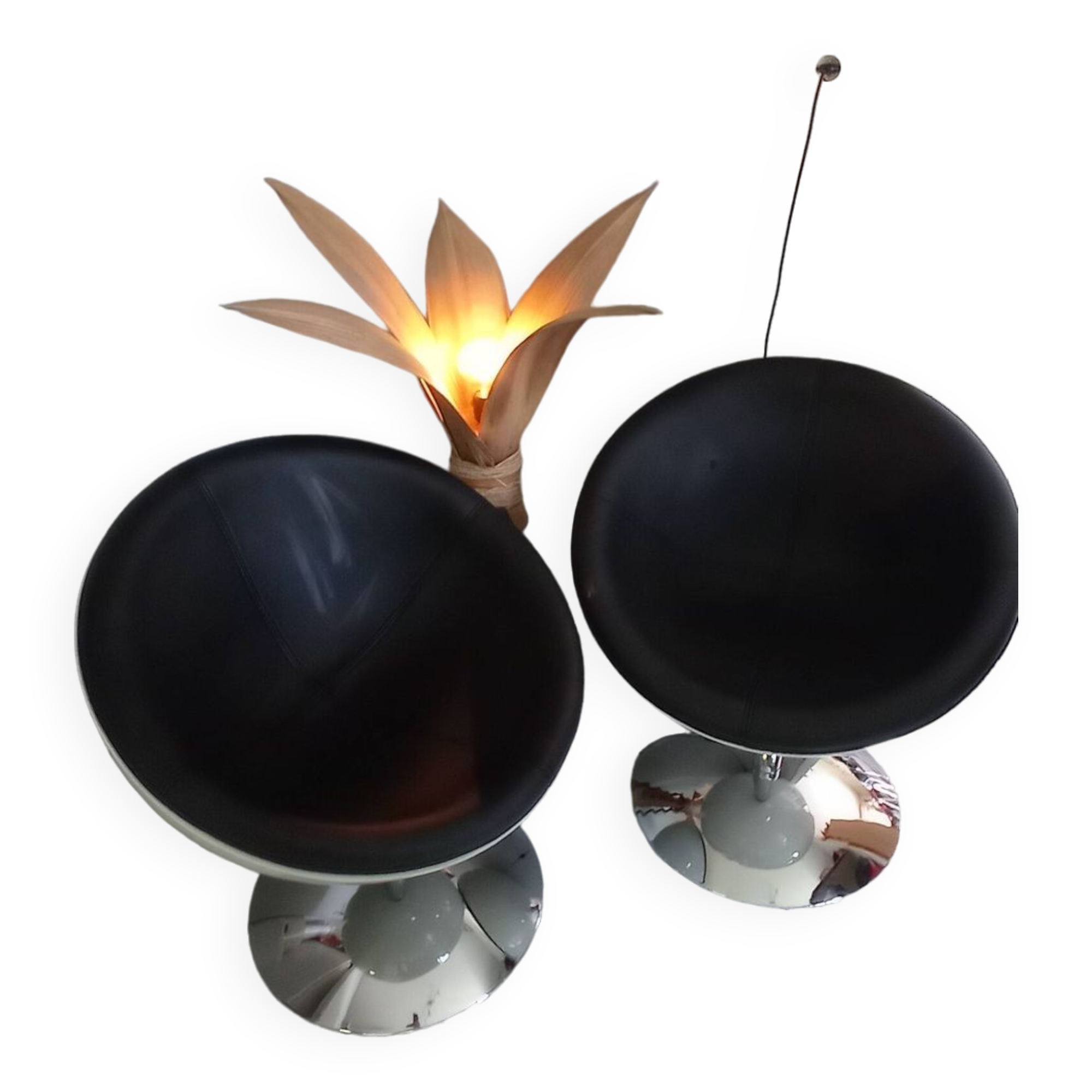Pair of vintage white ball and black imitation leather swivel armchairs