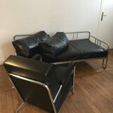 Sofa and armchair in chrome metal and black leather