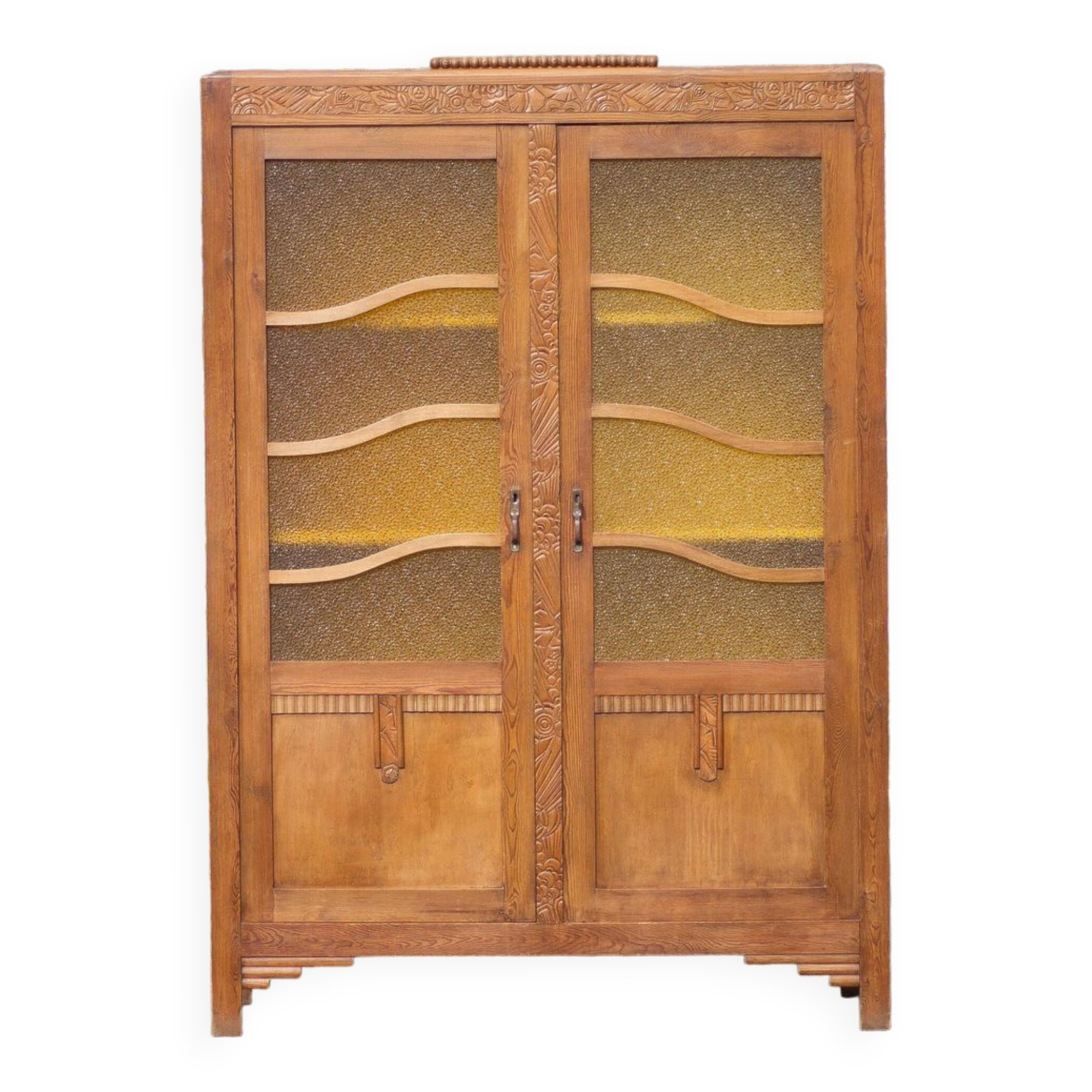 Armoire Murale Vintage En Bois D'Acajou - 73x60x19 Cm - Portes Vitrées Et Sculptures - Rangement Cuisine Ou Salon - 2