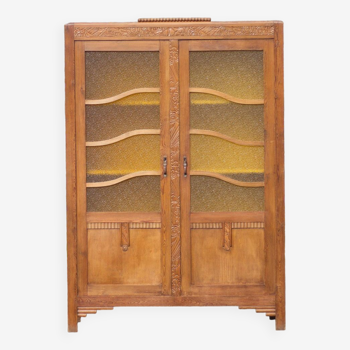 Armoire bois art déco avec vitre cathédrale, meuble de rangement bois, armoire vintage, déco