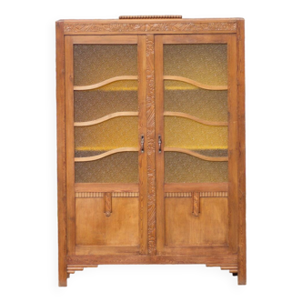 Armoire bois art déco avec vitre cathédrale, meuble de rangement bois, armoire vintage, déco