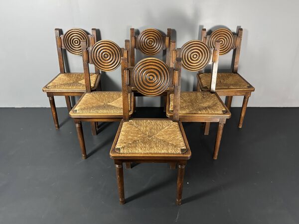 6 chaises de salle à manger de style campagnard en bois tourné et jonc