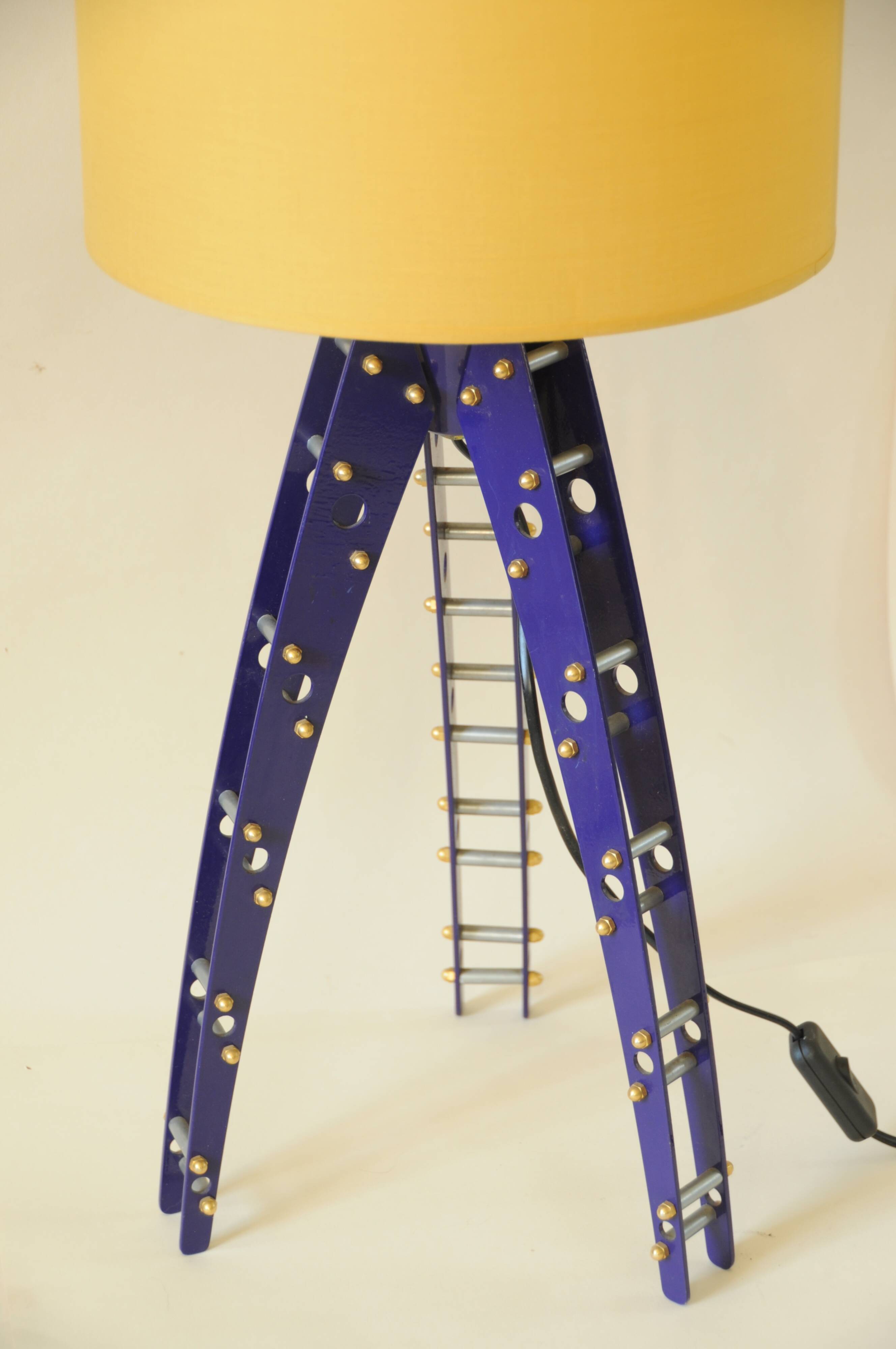 Pair of blue industrial design lamps with yellow shades - Space Age Rocket