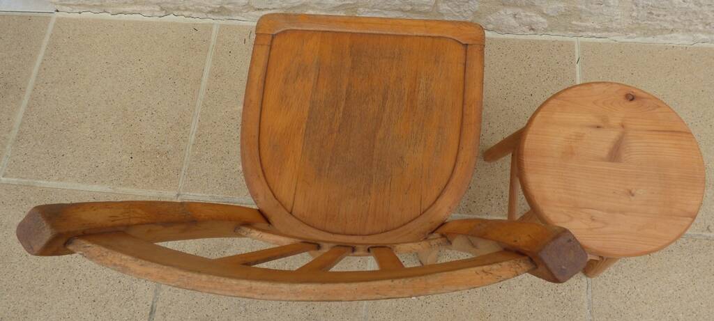 Chair and stool in solid wood in its patina