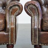Set of 2 Cognac Brown Grained Cowhide Leather Chesterfield Armchairs