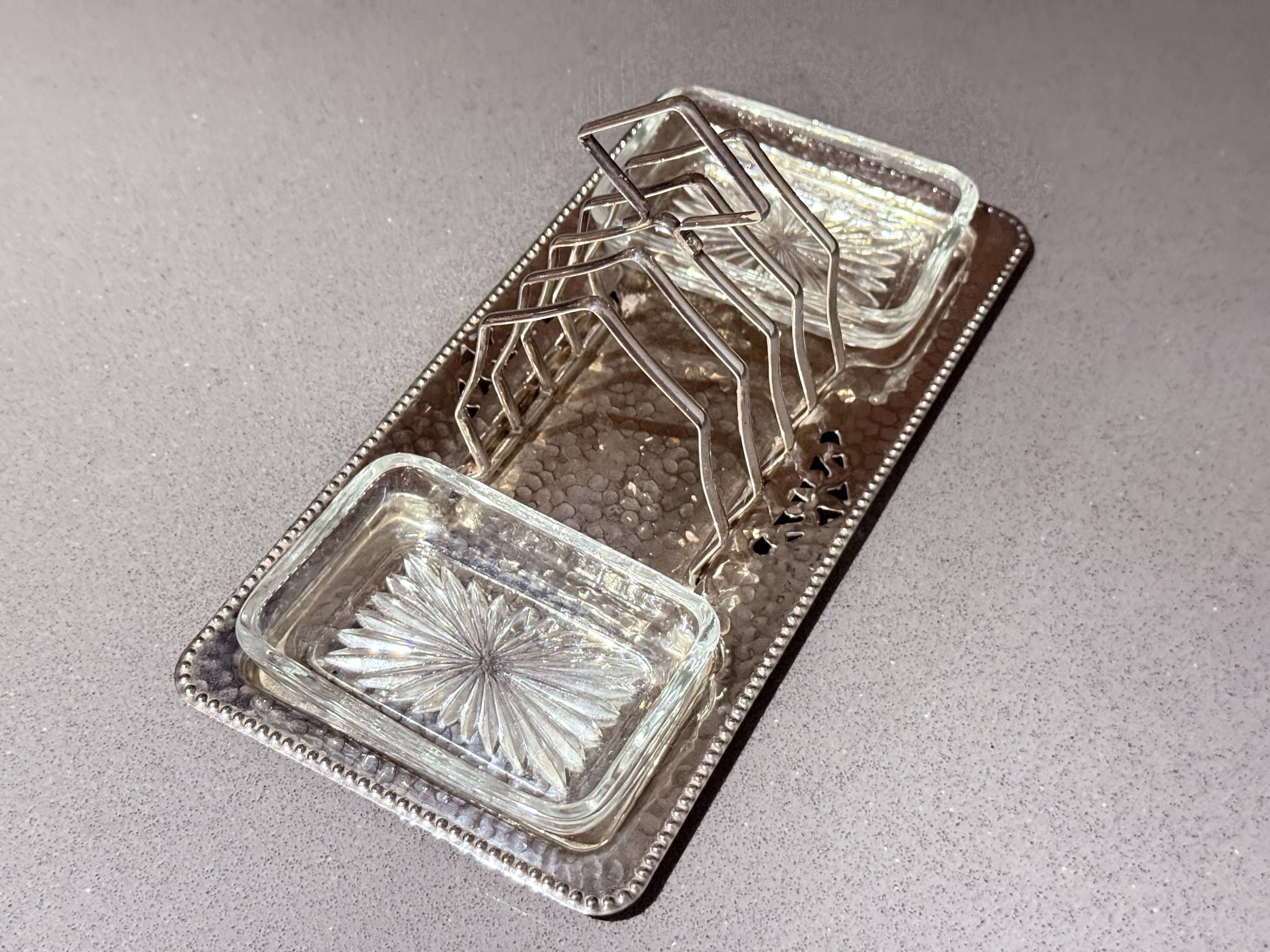 Art Deco Silver Plated Toast Rack, Matching Hammered Tray Crystal Butter Dishes