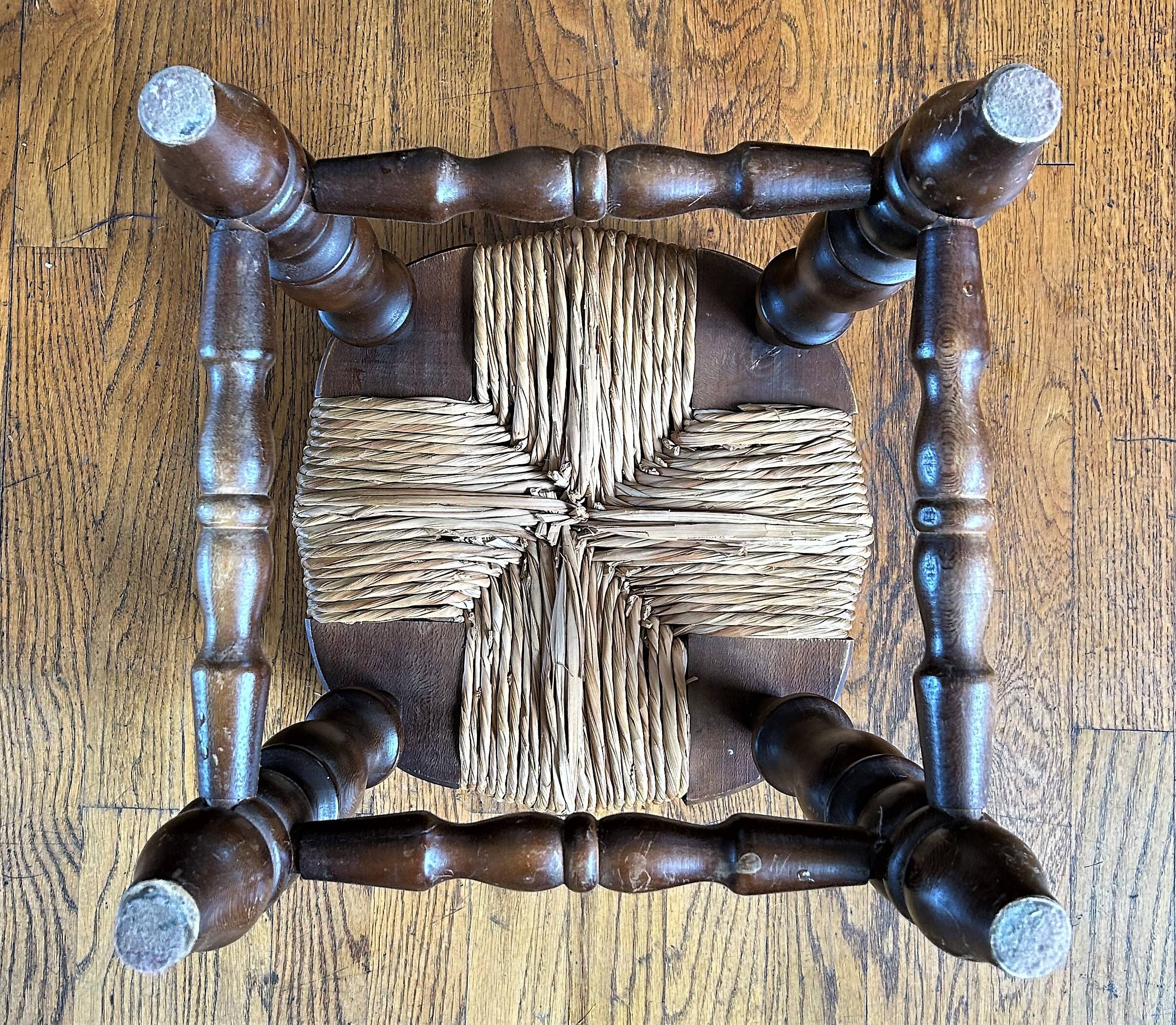 Pair of low stools - vintage wood and straw
