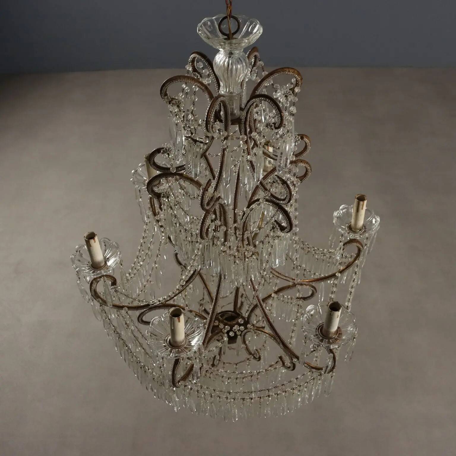 Antique gilded iron chandelier with 6 lights, Italy, early 20th century.