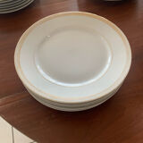 Lot of six flat plates, crockery, old white, gilded