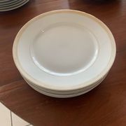 Lot of six flat plates, crockery, old white, gilded