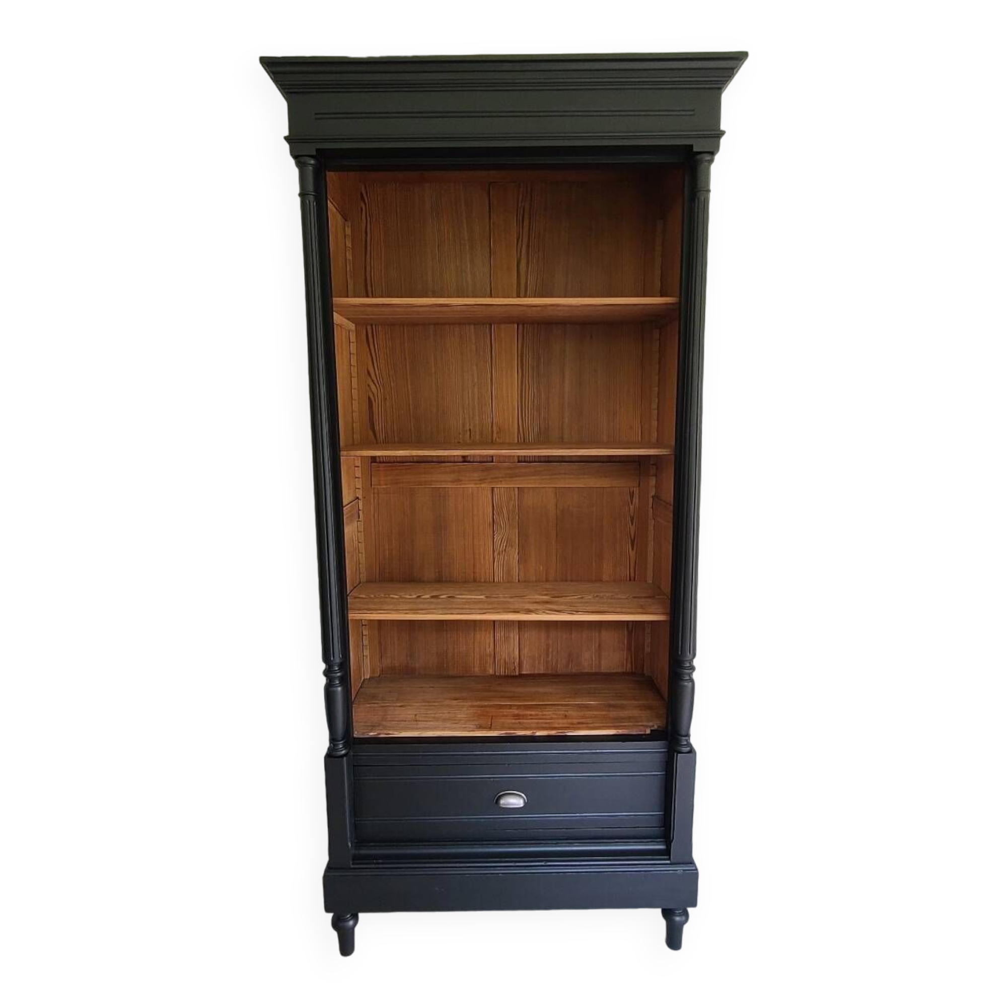 Old library storage unit shelf cabinet curiosities vintage black linen