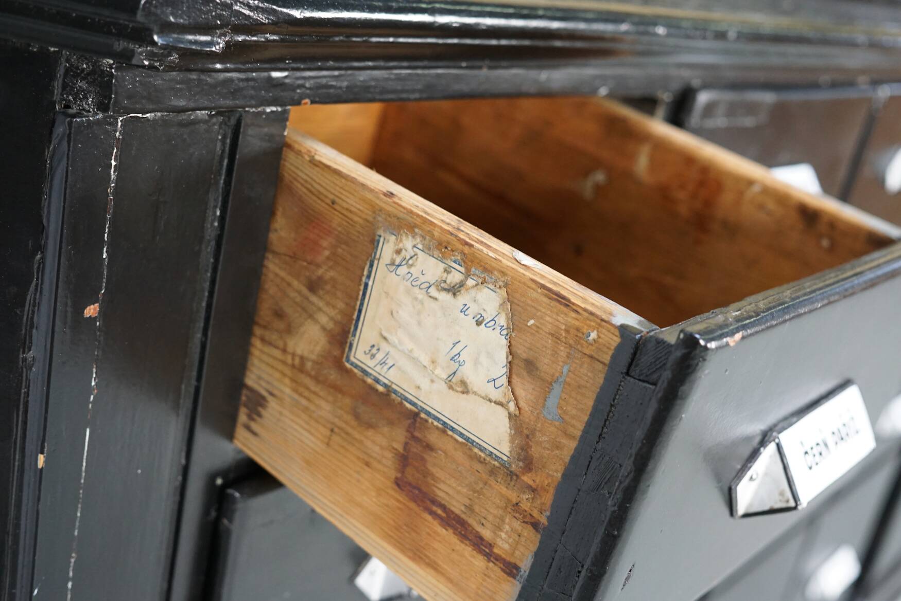 Large pair of antique apothecary cabinets painted black, Eastern Europe, 1910s