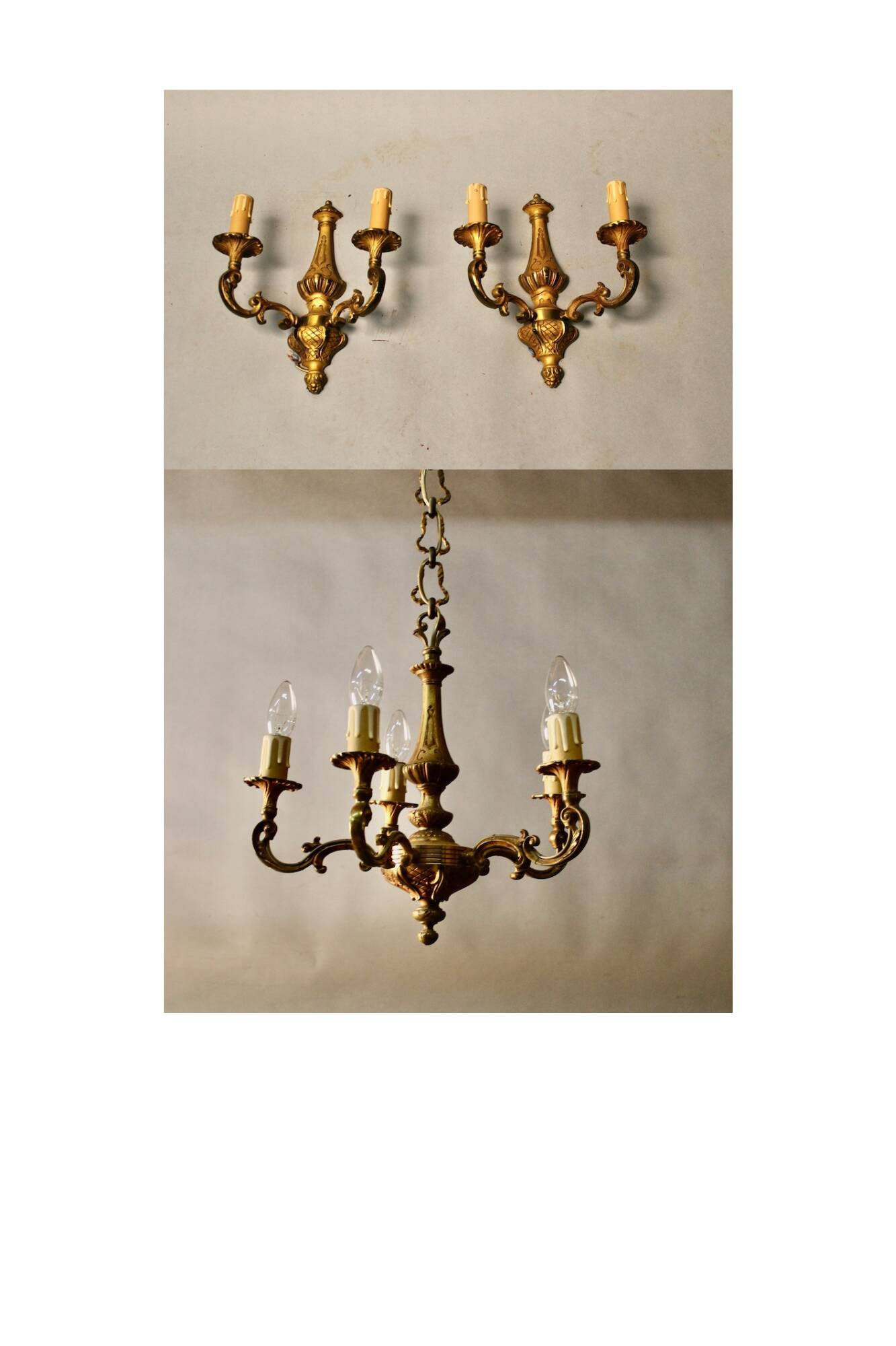 Bronze chandelier with 5 arms and its pair of 2-light wall sconces.