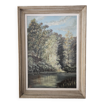 Tableau Huile sur Isorel - Paysage rivière Signé G Royer 86cm x 63cm