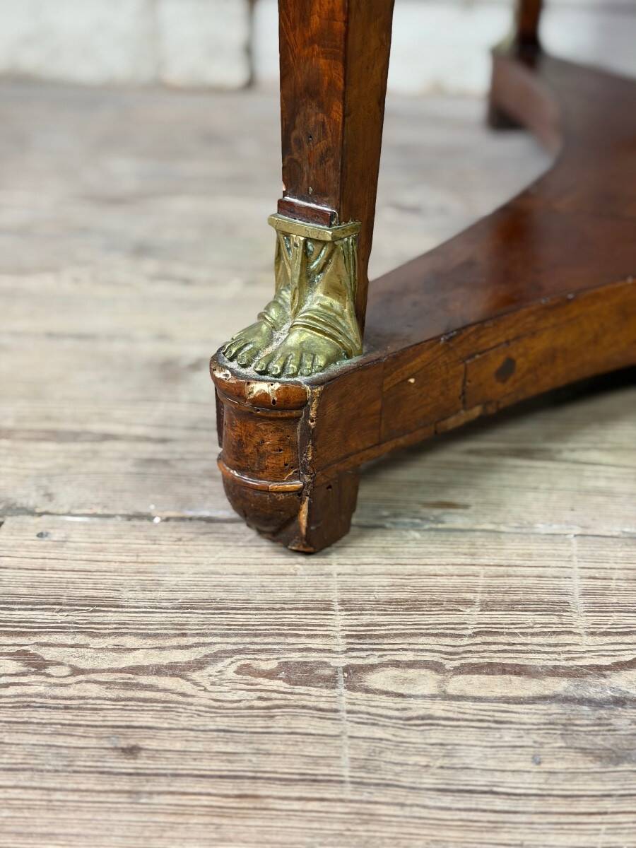 Empire pedestal table in mahogany and bronze, Saint-Anne grey marble with groove, circa 1800