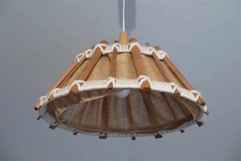 Vintage pendant lamp in wood and canvas 1970