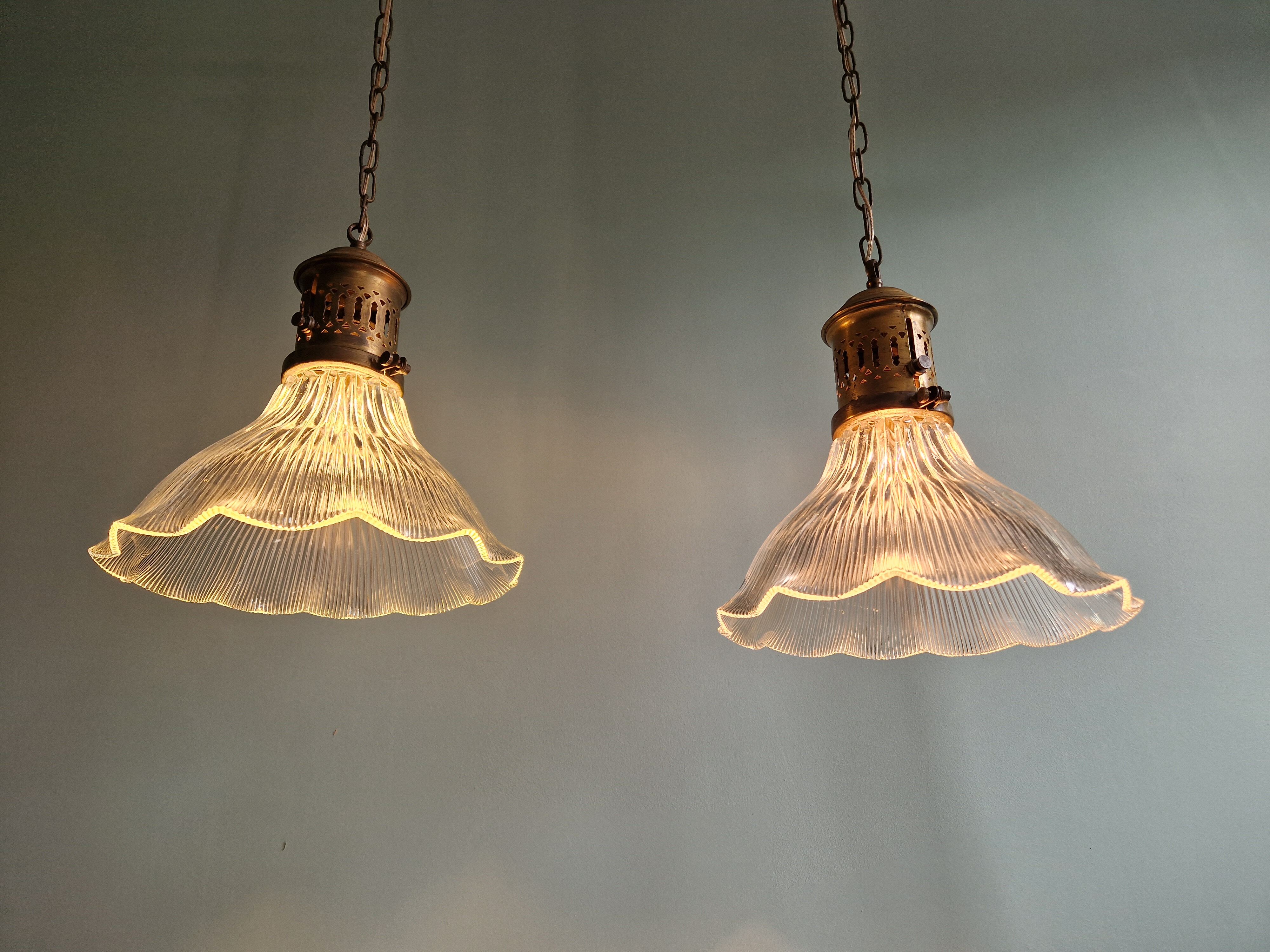Pair of Holophane wall lamps in grooved glass, 1920s-30s