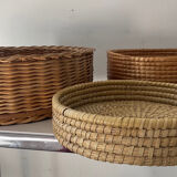 Trio of vintage wicker and woven raffia baskets