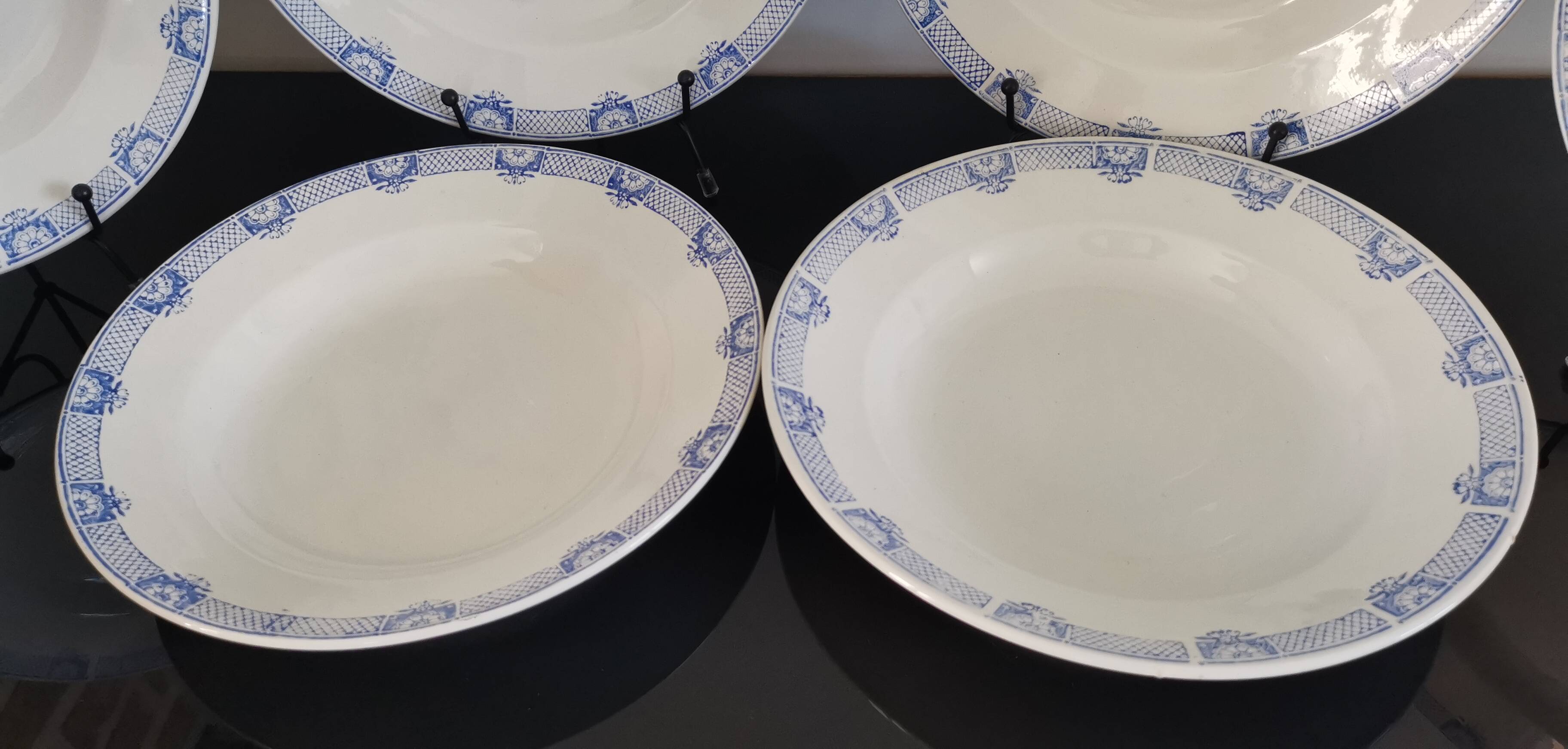 6 Saint Amand and Hamage white/blue earthenware soup plates