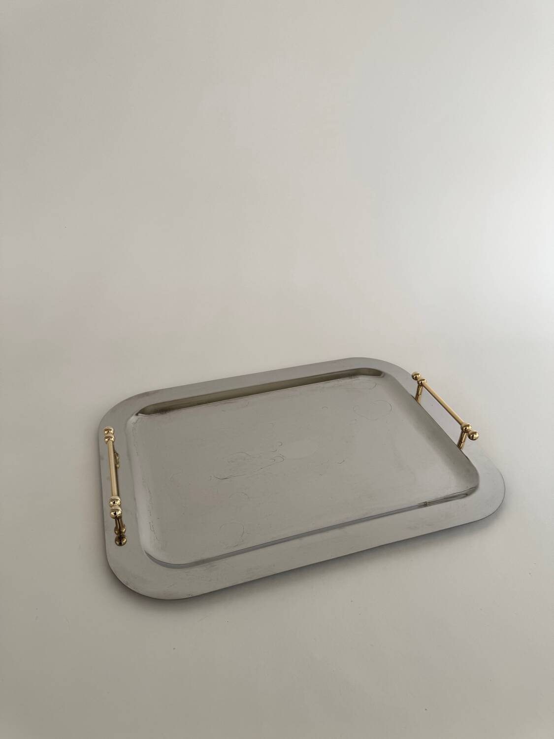 Vintage Stainless Steel Serving Tray With Gold Colored Handles