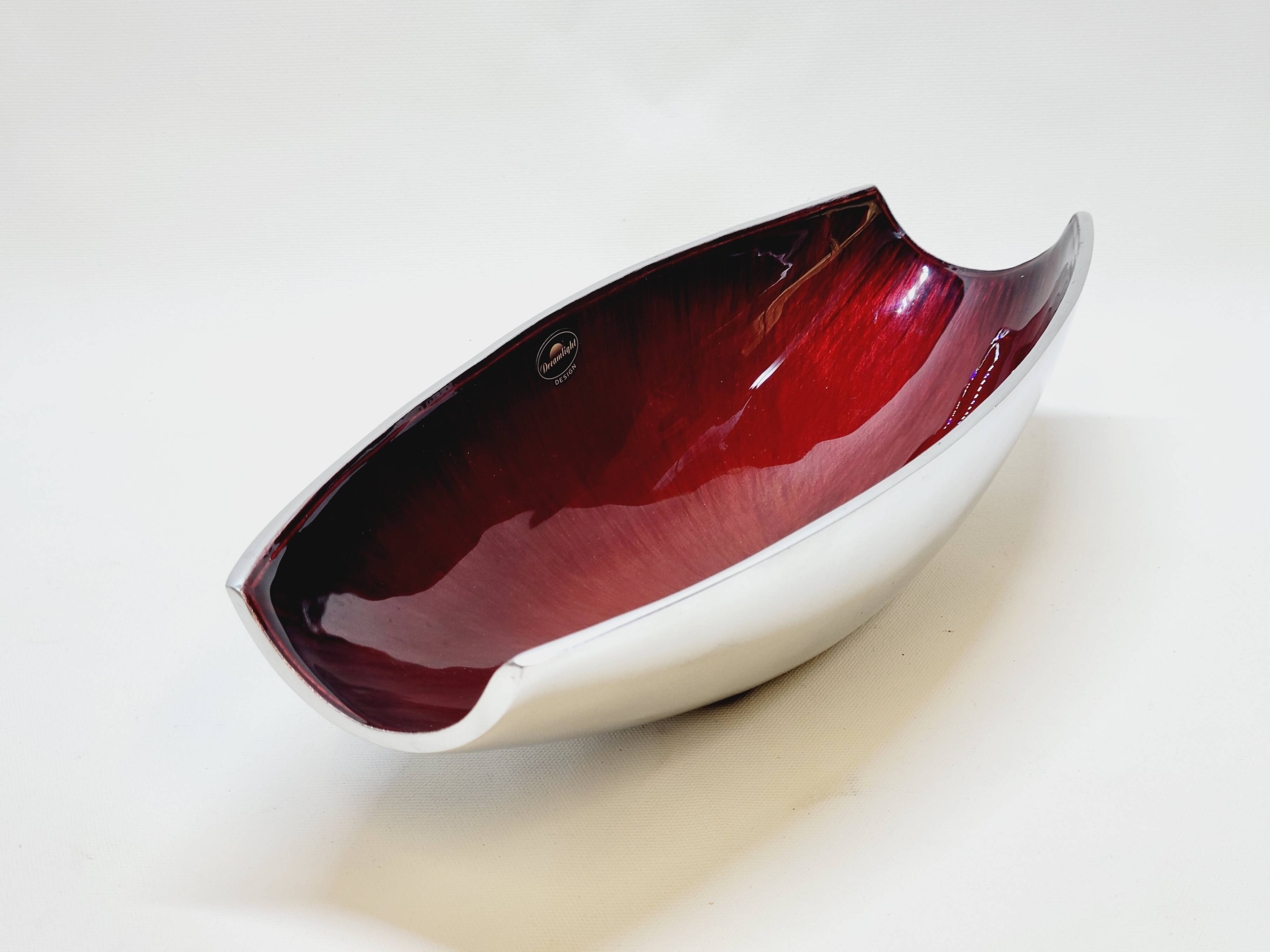 Designer bowl centerpiece in iridescent red enameled metal