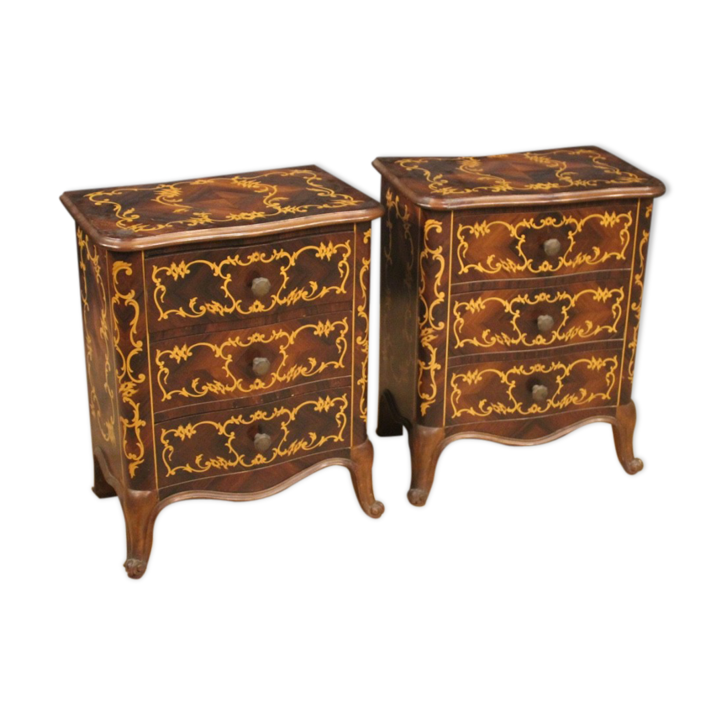 Pair of Italian inlaid bedside tables in walnut, maple and beech