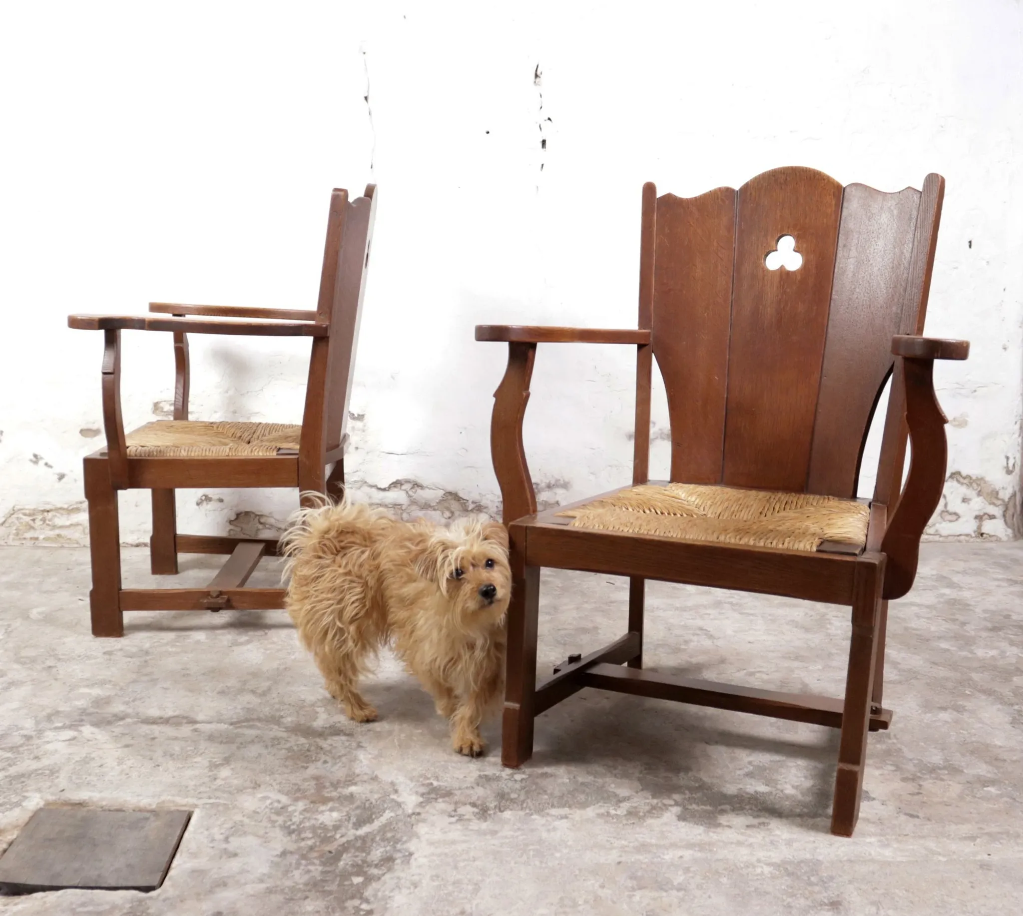Pair of brutalist oak lounge chairs with rush seats – Netherlands