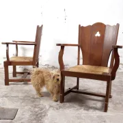 Pair of brutalist oak lounge chairs with rush seats – Netherlands