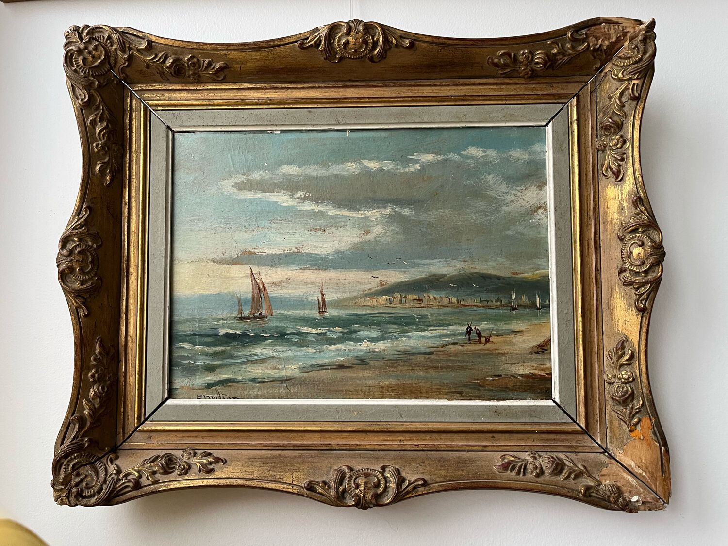 La baie, huile sur carton, cadre stuc doré