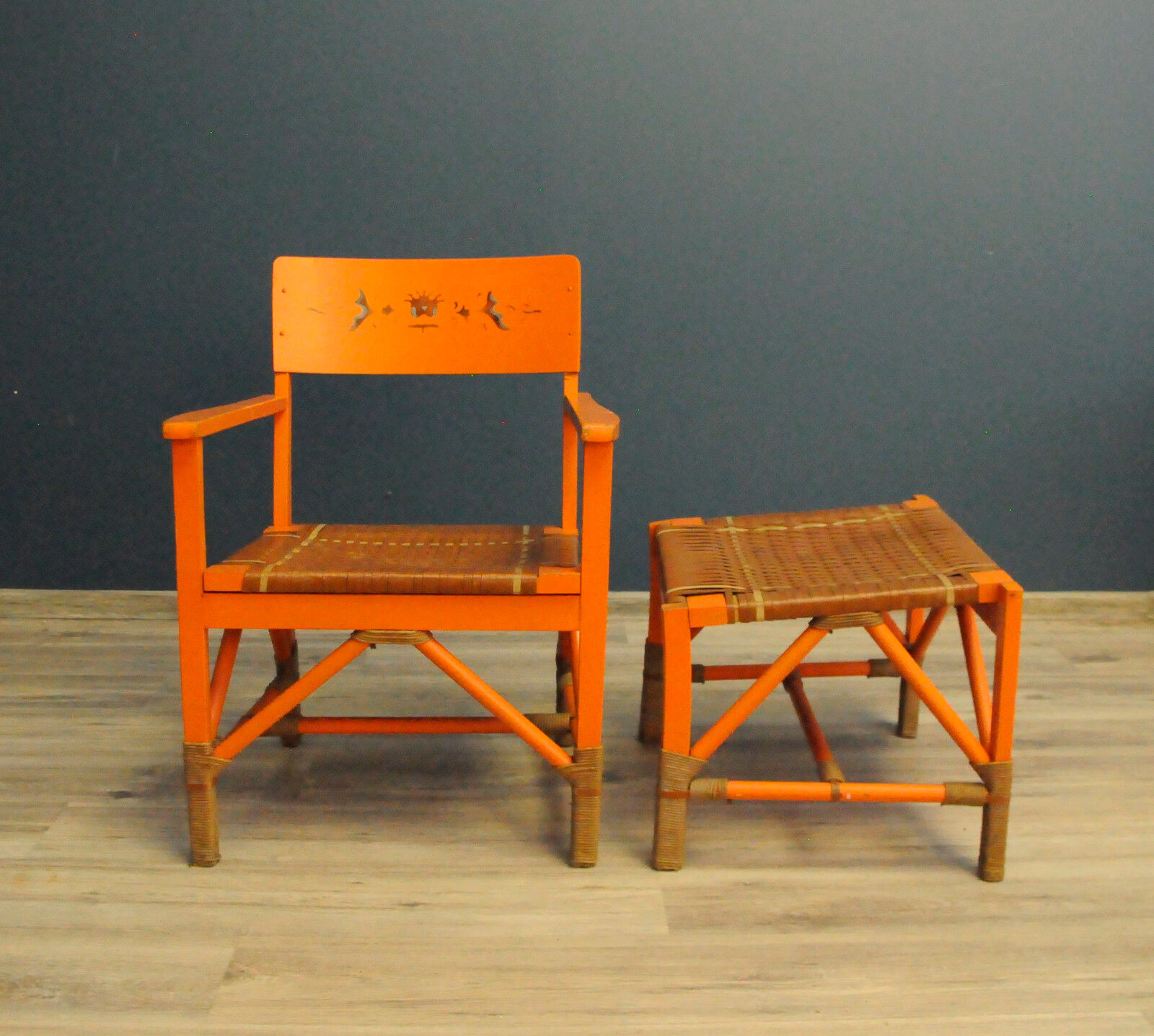 Scandinavian folklore armchair with footrest