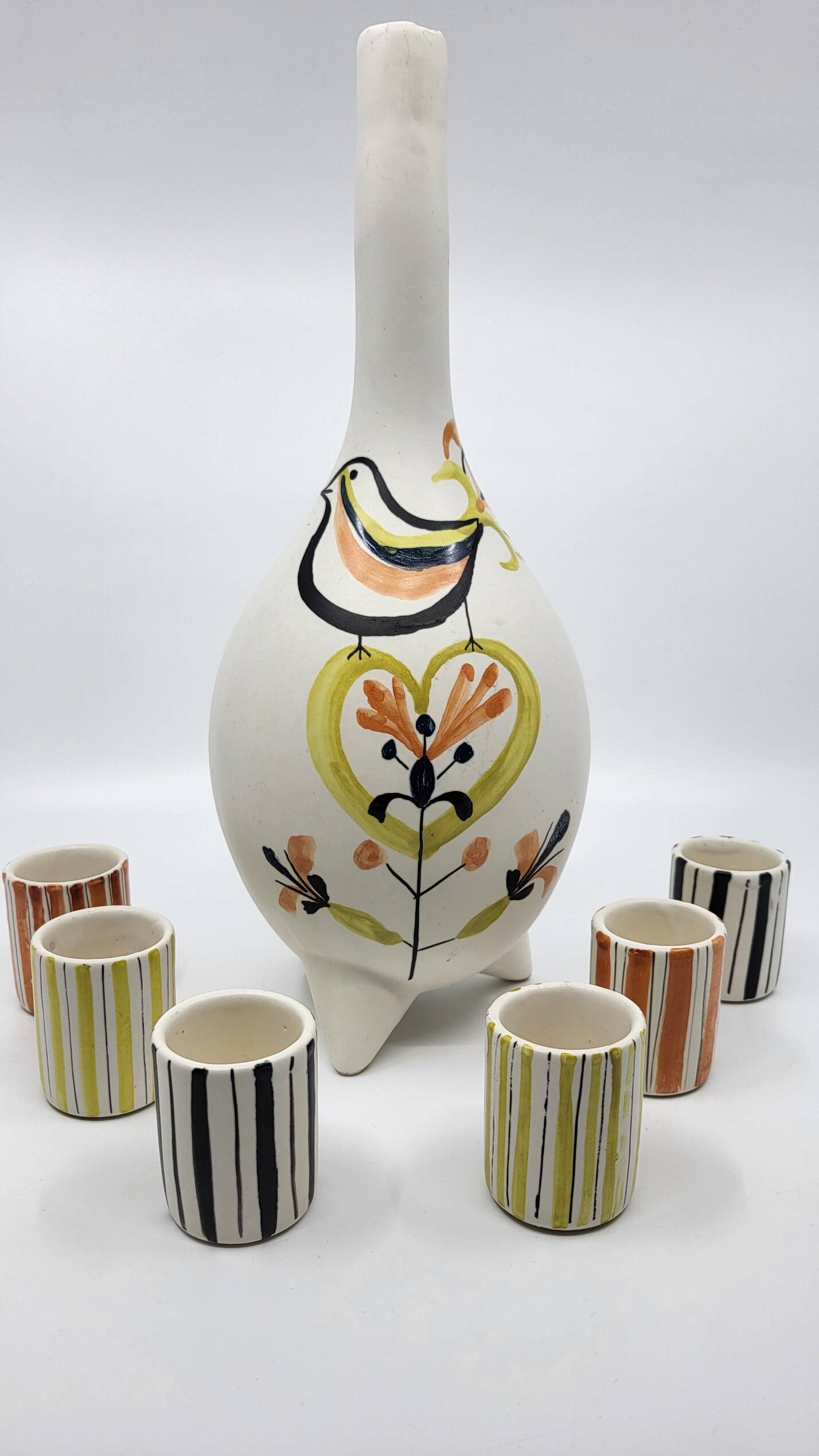 Roger Capron liqueur service bottle and 6 cups in French ceramic Vallauris