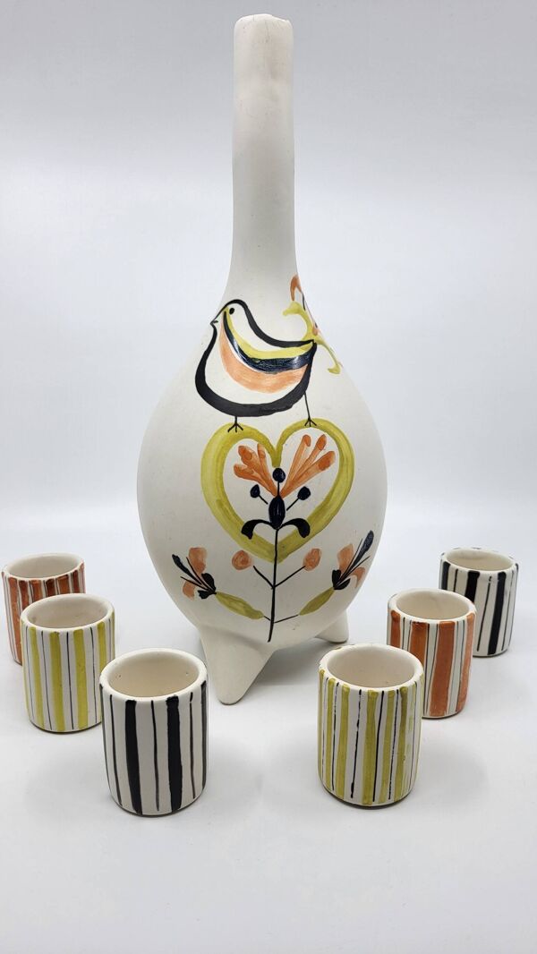 Service à liqueur Roger Capron  bouteille et 6 godets en céramique Francaise Vallauris