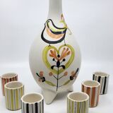 Roger Capron liqueur service bottle and 6 cups in French ceramic Vallauris