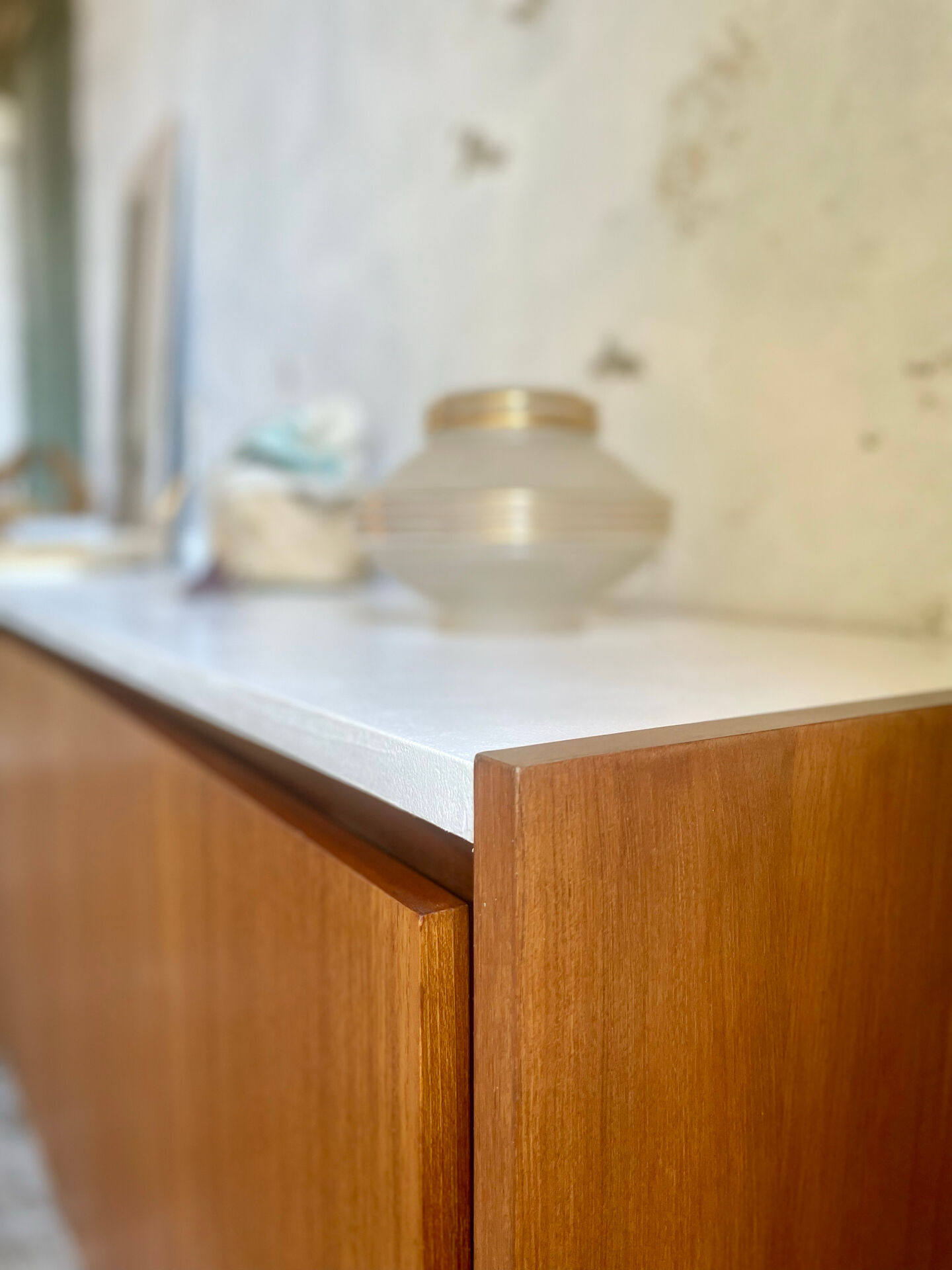 Large vintage sideboard 248 cm – wood & white mineral concrete top –