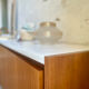 Large vintage sideboard 248 cm – wood & white mineral concrete top –