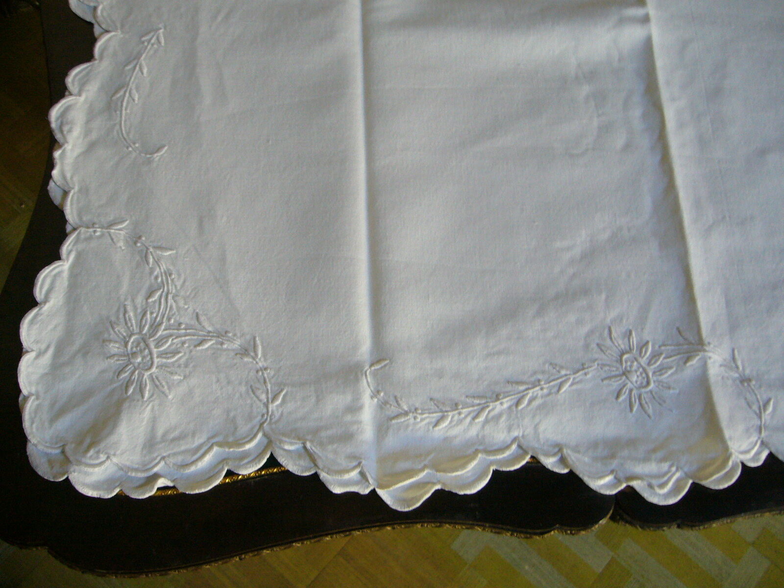 Ancient cotton sheet embroidered with flowers and initials
