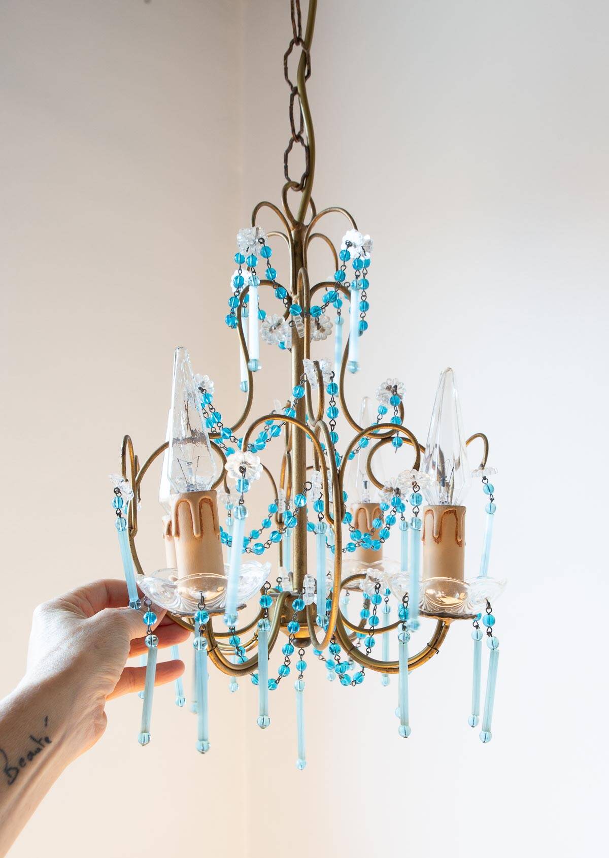 Lustre italien métal doré et bleu années 60