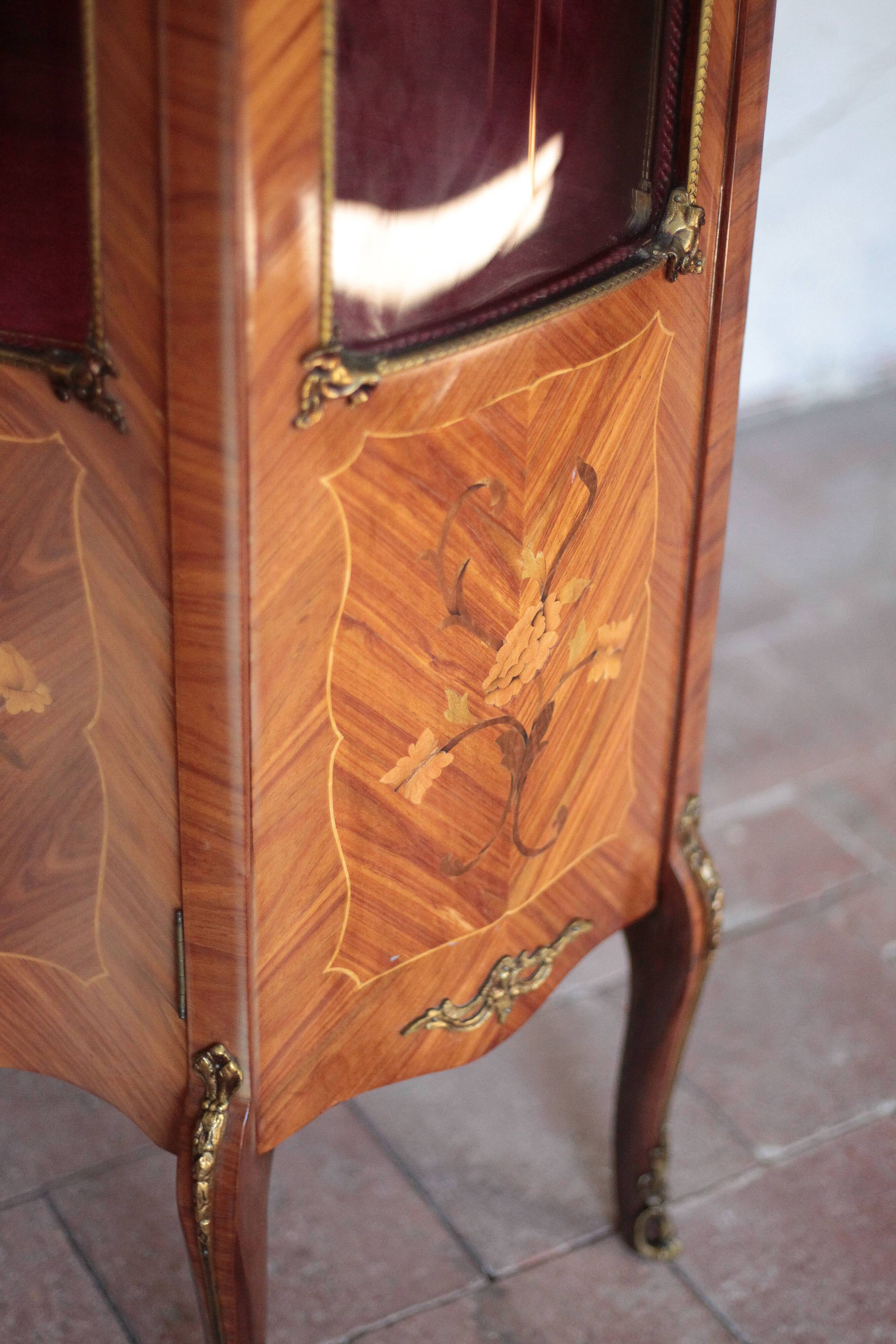 Marquetry display cabinet, curved Louis XV style, signed Marquant