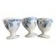 3 white earthenware egg cups, blue foliage decor, Grigny fire clay, made in France
