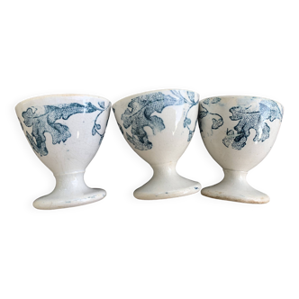 3 white earthenware egg cups, blue foliage decor, Grigny fire clay, made in France