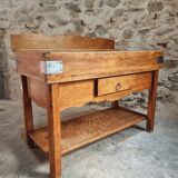 Table de boucher française vintage – Bloc de hêtre des années 1960 – Table de boucher avec tiroir et étagère
