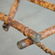 Antique French bamboo standing coat rack with mirror and umbrella stand