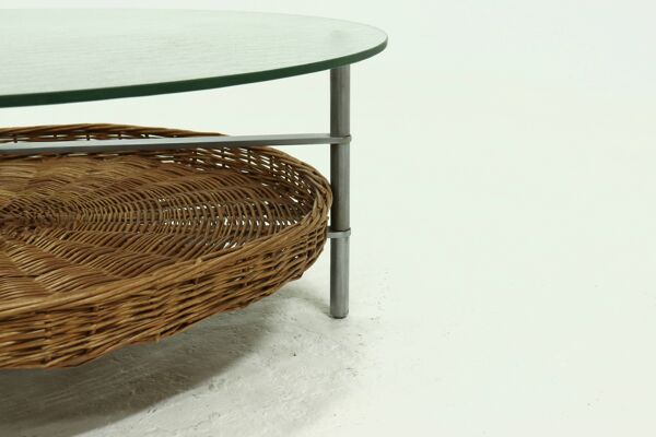 Table basse ronde en rotin, en verre et métal, années 1960