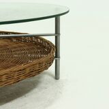 Round Coffee table with Rattan Magazine Rack and Glass Top 1960s