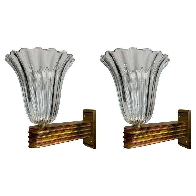 Murano Glass Wall Lamps attributed to Ercole Barovier, Italy, 1940s, Set of 2