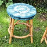 Set of 4 rattan stools and crochet covers