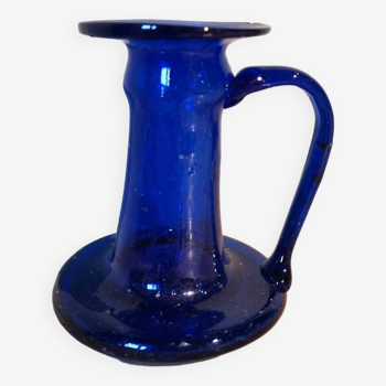 Blue hand-crafted vintage mouth-blown glass candle holder