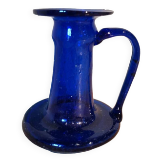 Blue hand-crafted vintage mouth-blown glass candle holder